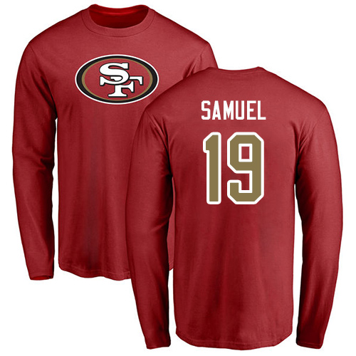 Men San Francisco 49ers Red Deebo Samuel Name and Number Logo #19 Long Sleeve NFL T Shirt